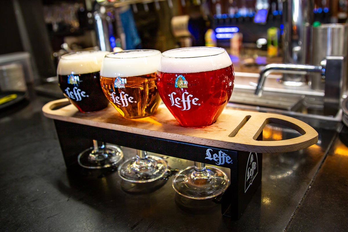 3 Leffe beers: blonde, brown, and amber